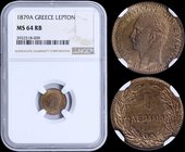 GREECE: 1 Lepton (1879 A) (type II) in copper with "ΓΕΩΡΓΙΟΣ Α! ΒΑΣΙΛΕΥΣ ΤΩΝ ΕΛΛΗΝΩΝ". Inside slab by NGC "MS 64 RB". (Hellas 121)....