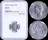 GREECE: 50 Lepta (1883 A) in silver with "ΓΕΩΡΓΙΟΣ Α! ΒΑΣΙΛΕΥΣ ΤΩΝ ΕΛΛΗΝΩΝ". Inside slab by NGC "MS 64". (Hellas 148).
