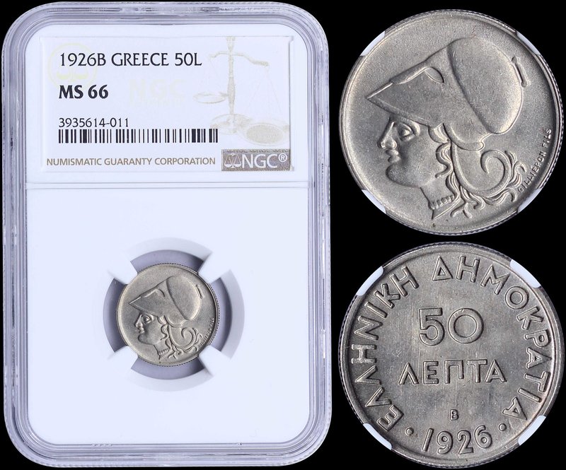 GREECE: 50 Lepta (1926 B) in copper-nickel with "ΕΛΛΗΝΙΚΗ ΔΗΜΟΚΡΑΤΙΑ". Top grade...