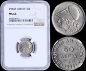 GREECE: 50 Lepta (1926 B) in copper-nickel with "ΕΛΛΗΝΙΚΗ ΔΗΜΟΚΡΑΤΙΑ". Top grade in both companies. Inside slab by NGC "MS 66". (Hellas 172)....