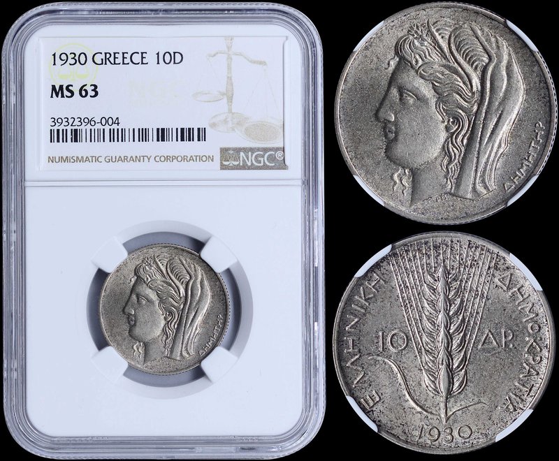 GREECE: 10 Drachmas (1930) in silver (0,500) with Demeter. Inside slab by NGC "M...