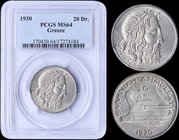 GREECE: 20 Drachmas (1930) in silver (0,500) with Poseidon. Inside slab by PCGS "MS 64". (Hellas 179).