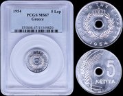 GREECE: 5 Lepta (1954) in aluminium with "ΒΑΣΙΛΕΙΟΝ ΤΗΣ ΕΛΛΑΔΟΣ". Inside slab by PCGS "MS 67". (Hellas 183).