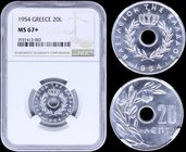 GREECE: 20 Lepta (1954) in aluminum with "ΒΑΣΙΛΕΙΟΝ ΤΗΣ ΕΛΛΑΔΟΣ". Inside slab by NGC "MS 67+". Top grade in both companies. (Hellas 186)....