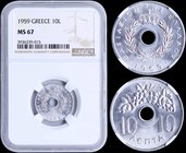 GREECE: 10 Lepta (1959) in aluminum with "ΒΑΣΙΛΕΙΟΝ ΤΗΣ ΕΛΛΑΔΟΣ". Inside slab by NGC "MS 67". Top grade in both companies. (Hellas 185)....