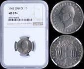 GREECE: 1 Drachma (1962) in copper-nickel with "ΠΑΥΛΟΣ ΒΑΣΙΛΕΥΣ ΤΩΝ ΕΛΛΗΝΩΝ". Inside slab by NGC "MS 67+". Top grade in both companies. (Hellas 196)....