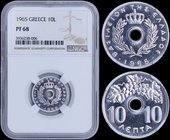 GREECE: 10 Lepta (1965) in aluminium with "ΒΑΣΙΛΕΙΟΝ ΤΗΣ ΕΛΛΑΔΟΣ". Inside slab by NGC "PF 68". Top grade in both companies. Part from the official pro...