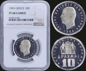 GREECE: 10 Drachmas (1965) in nickel with "ΠΑΥΛΟΣ ΒΑΣΙΛΕΥΣ ΤΩΝ ΕΛΛΗΝΩΝ". Inside slab by NGC "PF 68 CAMEO". Top grade in both companies. (Part of 1965 ...