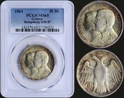 GREECE: 30 drachmas (1964) in silver commemorating the Royal Wedding. Kongsberg Mint. Inside slab by PCGS "MS 65". (Hellas 239).