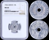 GREECE: 10 Lepta (1966) (type I) in aluminium with "ΒΑΣΙΛΕΙΟΝ ΤΗΣ ΕΛΛΑΔΟΣ". Inside slab by NGC "MS 66". (Hellas 207).