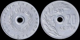 GREECE: 20 Lepta (1971) (type I) in aluminium with "ΒΑΣΙΛΕΙΟΝ ΤΗΣ ΕΛΛΑΔΟΣ". Variety: Double die obverse. (Hellas 214). Very Fine.