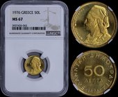 GREECE: 50 Lepta (1976) in nickel-brass with Markos Mpotsaris. Inside slab by NGC "MS 67". (Hellas 256).