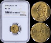 GREECE: 50 Lepta (1978) in nickel-brass with Markos Mpotsaris. Inside slab by NGC "MS 68". Top grade in both companies. (Hellas 257).
