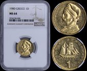 GREECE: 1 Drachma (1980) (type I) in nickel-brass with Konstantinos Kanaris. Inside slab by NGC "MS 64". (Hellas 264).