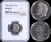 GREECE: 10 Drachmas (1980) in copper-nickel with Democritos. Inside slab by NGC "MS 66 PL". (Hellas 300).