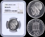 GREECE: 20 Drachmas (1980) (type I) in copper-nickel with Pericles. Inside slab by NGC "MS 66 PL". Top grade in both companies. (Hellas 312).