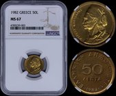 GREECE: 50 Lepta (1982) in nickel-brass with Markos Mpotsaris. Inside slab by NGC "MS 67". Top grade in both companies. (Hellas 259).