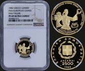 GREECE: 2500 Drachmas (1982) commemorative coin in gold (0,900) for "XIII PAN-EUROPEAN GAMES - ΡΗΤΟΙ ΤΑΡΡΗΤΟΙ ΤΕ". Inside slab by NGC "PF 69 ULTRA CAM...