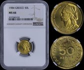 GREECE: 50 Lepta (1984) in nickel-brass with Markos Mpotsaris. Inside slab by NGC "MS 66". (Hellas 260).