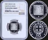 GREECE: 10 Euro (2003) in silver (0,925) commemorating the Hellenic Presidency of E.U.. Inside slab by NGC "PF 69 ULTRA CAMEO". Accompanied by its off...