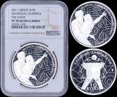 GREECE: 10 Euro (2011) in silver (0.925) commemorating Spceial Olympics-Highlight. Obv: Highlight from an event during the games. Rev: Stylized elemen...