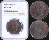 CYPRUS: 1 Piastre (1879) in bronze with head of Victoria. Thin "1". Inside slab by NGC "MS 61 BN". (KM 3.1) & (Fitikides 26).