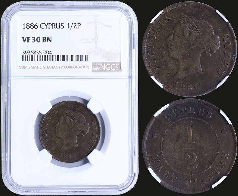 CYPRUS: 1/2 Piastre (1886) in bronze with crowned head of Victoria. Inside slab ...