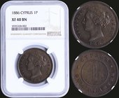 CYPRUS: 1 Piastre (1886) in bronze with head of Victoria. Thick "1" in denomination. Inside slab by NGC "XF 40 BN". (KM 3.2) & (Fitikides 32).