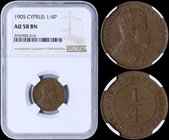CYPRUS: 1/4 Piastre (1905) in bronze. Obv: Crowned bust of King Edward VII. Rev: Denomination within circle and date below. Inside slab by NGC "AU 58 ...