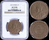 CYPRUS: 1 Piastre (1927) in bronze. Obv: Crowned bust. Rev: Denomination within circle. Inside slab by NGC "AU 55 BN". (KM 18) & (Fitikides 59).