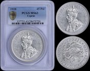 CYPRUS: 45 Piastres (1928) in silver (0,925) commemorating the 50th anniversary of British rule on the island. Obv: Crowned bust of King George V. Rev...