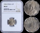 CYPRUS: 1/2 Piastre (1934) in copper-nickel. Obv: Crowned bust. Rev: Denomination, date at right. Inside slab by NGC "MS 63". (KM 20) & (Fitikides 57)...