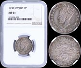 CYPRUS: 9 Piastres (1938) in silver (0,925). Obv: Crowned bust. Rev: Two stylized rampant lions. Inside slab by NGC "MS 61". (KM 25) & (Fitikides 84).
