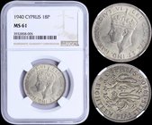 CYPRUS: 18 Piastres (1940) in silver (0,925). Obv: Crowned head. Rev: Two stylized rampant lions. Inside slab by NGC "MS 61". (KM 26) & (Fitikides 89)...