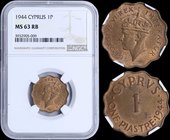 CYPRUS: 1 Piastre (1944) in bronze with Crowned head of King George V. Inside slab by NGC "MS 63 RB". (KM 23a) & (Fitikides 79).