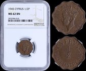 CYPRUS: 1/2 Piastre (1945) in bronze. Obv: Crowned head. Rev: Denomination, date at right. Inside slab by NGC "MS 62 BN". (KM 22a) & (Fitikides 74).