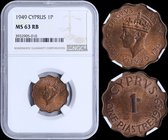 CYPRUS: 1 Piastre (1949) in bronze. Obv: Crowned head. Rev: Denomination, date at right. Inside slab by NGC "MS 63 RB". (KM 30) & (Fitikides 82).