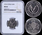 CYPRUS: 50 Mils (1974) in copper-nickel. Obv: Shielded arms within wreath, date above. Rev: Grape duster above denomination. Inside slab by NGC "MS 66...