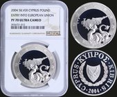 CYPRUS: 1 Pound (2004) in silver (0,925) commemorating that Cyprus joins the European Union. Obv: National arms. Rev: Map in center with Triton trumpe...