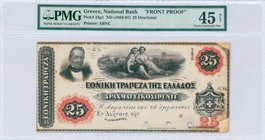 GREECE: Front proof of 25 Drachmas (ND 1863-67) in black on red and green unpt with portrait of G Stavros at upper left, two women at upper center and...