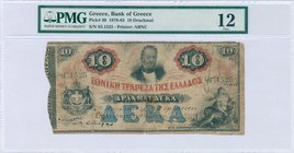 GREECE: 10 Drachmas (18.9.1881) in black, blue and red with Arms of King George I at left, portrait of G. Stavros at top center and Nereid at lower ri...