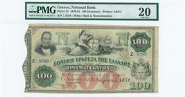 GREECE: 100 Drachmas (8.8.1870) in black, red and green with portrait of G. Stavros at upper left, Hope at center and arms of King George I at bottom ...