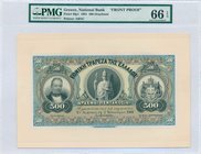 GREECE: Front proof of 500 Drachmas (2.1.1901) in brown and green with portrait of Athena at center, portrait of G Stavros at left and Arms of King Ge...