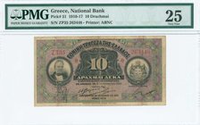 GREECE: 10 Drachmas (8.1.1914) in black on multicolor unpt with portrait of G. Stavros at left and Arms of King George I at right. Serial no "ZT35 263...