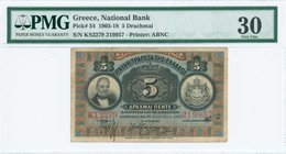 GREECE: 5 Drachmas (10.4.1917) in black on brown and blue unpt with portrait of G. Stavros at left and Arms of King George I at right. Serial no "ΚΣ22...