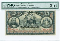 GREECE: 25 Drachmas (24.8.1914) in black on red and blue unpt with portrait of G. Stavros at left and Arms of King George I at right. Serial no "TK 68...