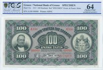 GREECE: 100 Drachmas (15.11.1915) in black on purple and green unpt with portrait of G. Stavros at left & Arms of King George I at right. Red ovpt "SP...