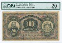 GREECE: 100 Drachmas (30.1.1918) in black on purple and green unpt with portrait of G. Stavros at left and Arms of King George I at right. Signature b...