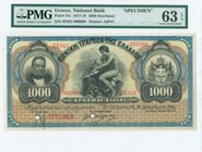 GREECE: Specimen of 1000 Drachmas (16.12.1918) in black on multicolor unpt with "Portrait of G. Stavros" at left, "Hermes" at center and "Arms of King...