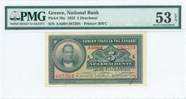 GREECE: 5 Drachmas (24.3.1923) in green on orange unpt with portrait of G. Stavros at left. Serial no "AA094 687394". Printed signature. Printed by BW...